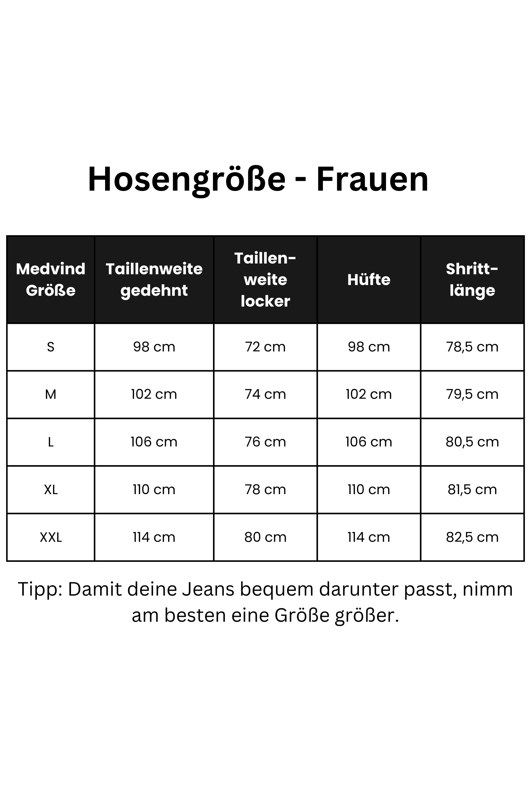 Größentabelle Sizetable